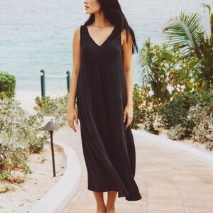🖤 Marine Layer Corinne Double Cloth Tiered Maxi Dress Black V-Neck Size Medium
